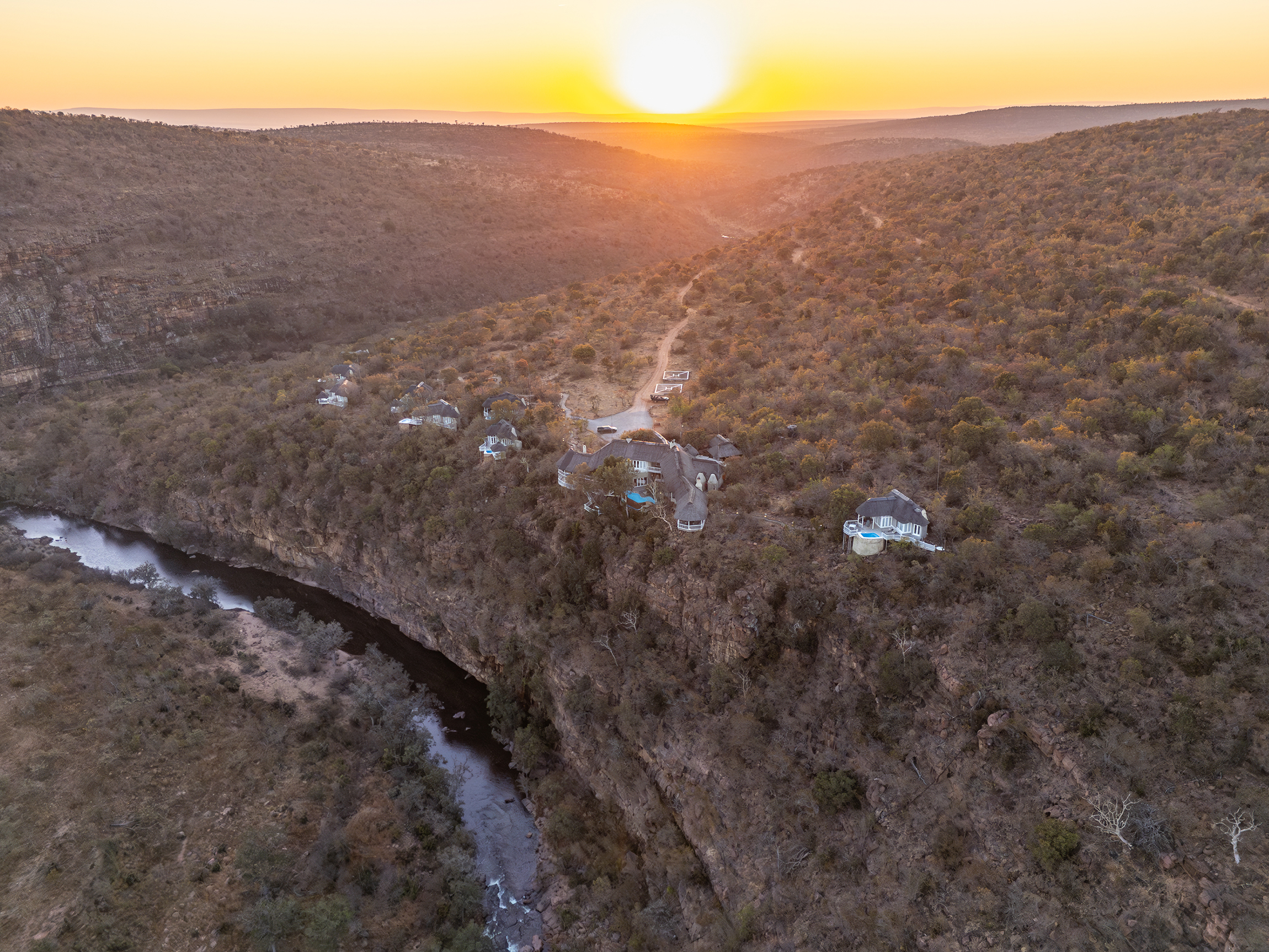 Clifftop Exclusive Safari Hideaway sunset aerial